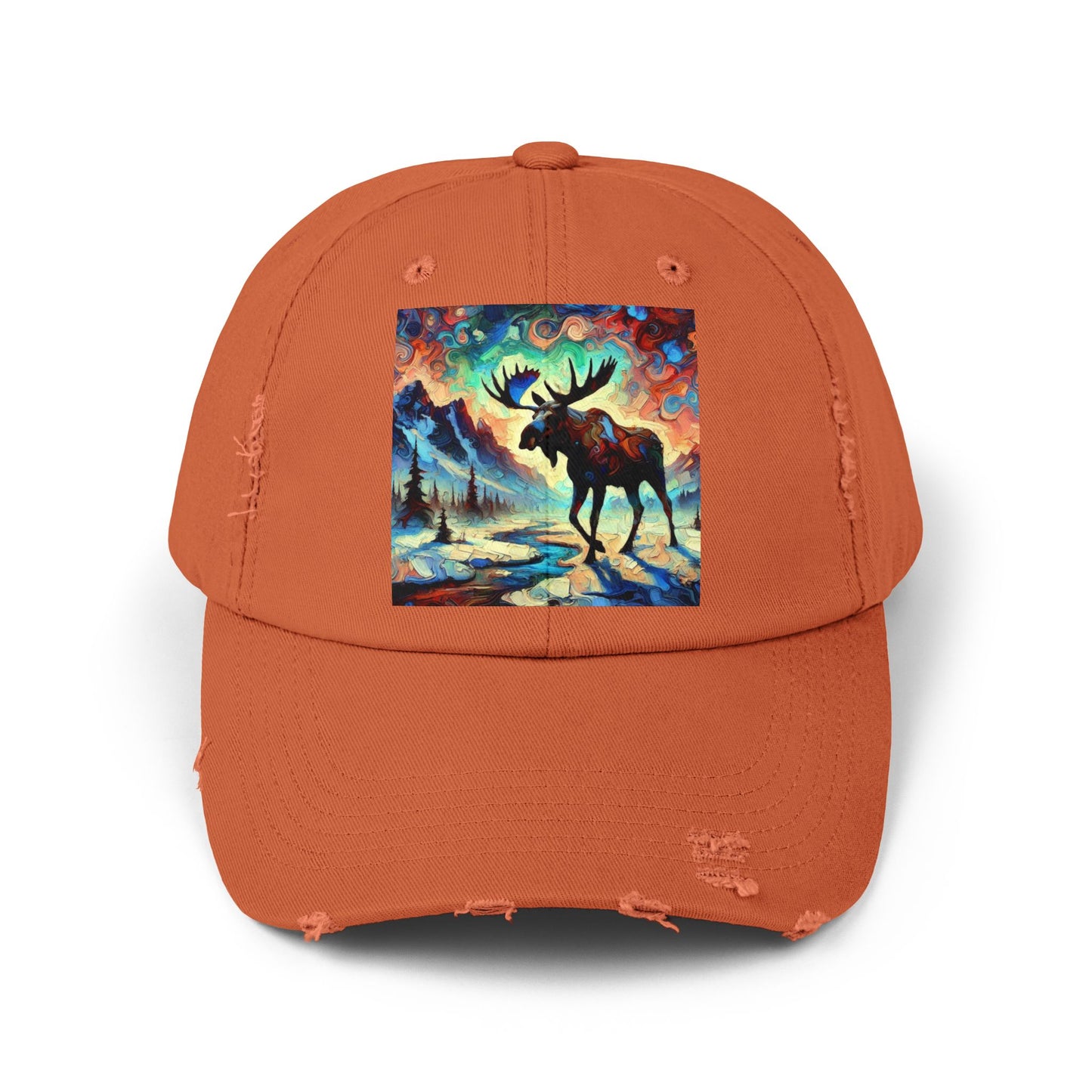 Artistic Moose Cap, Distressed Black Hat, Nature Lover Gift, Outdoor Adventure Wear, Unisex Fashion Accessory, Unique Wildlife Apparel