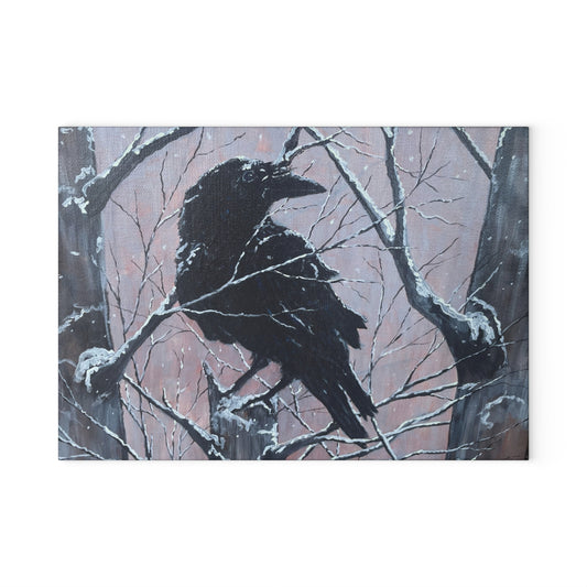 Artisan Glass Cutting Board - Winter Raven Design, Unique Kitchen Decor, Gift for Cook, Home Chef, Holiday Present, Elegant Cooking Tool