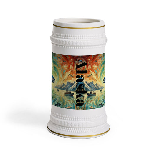 Artistic Beer Stein Mug - Vibrant Mountain & Fish Design, Perfect Gift for Beer Lovers, Collectors, Home Bars, Outdoor Events, and Fishing