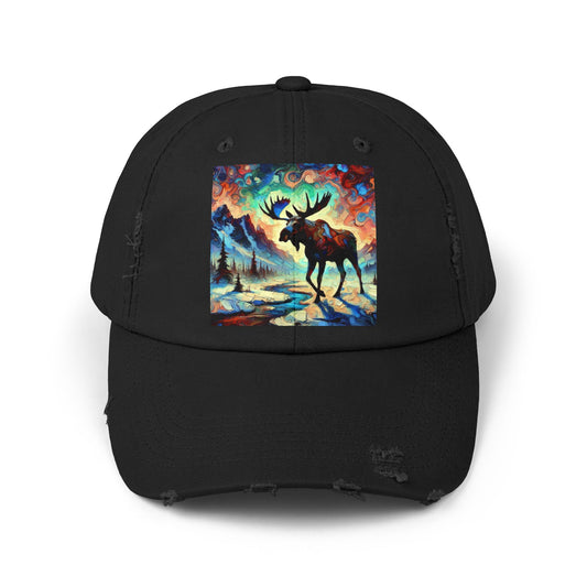 Artistic Moose Cap, Distressed Black Hat, Nature Lover Gift, Outdoor Adventure Wear, Unisex Fashion Accessory, Unique Wildlife Apparel