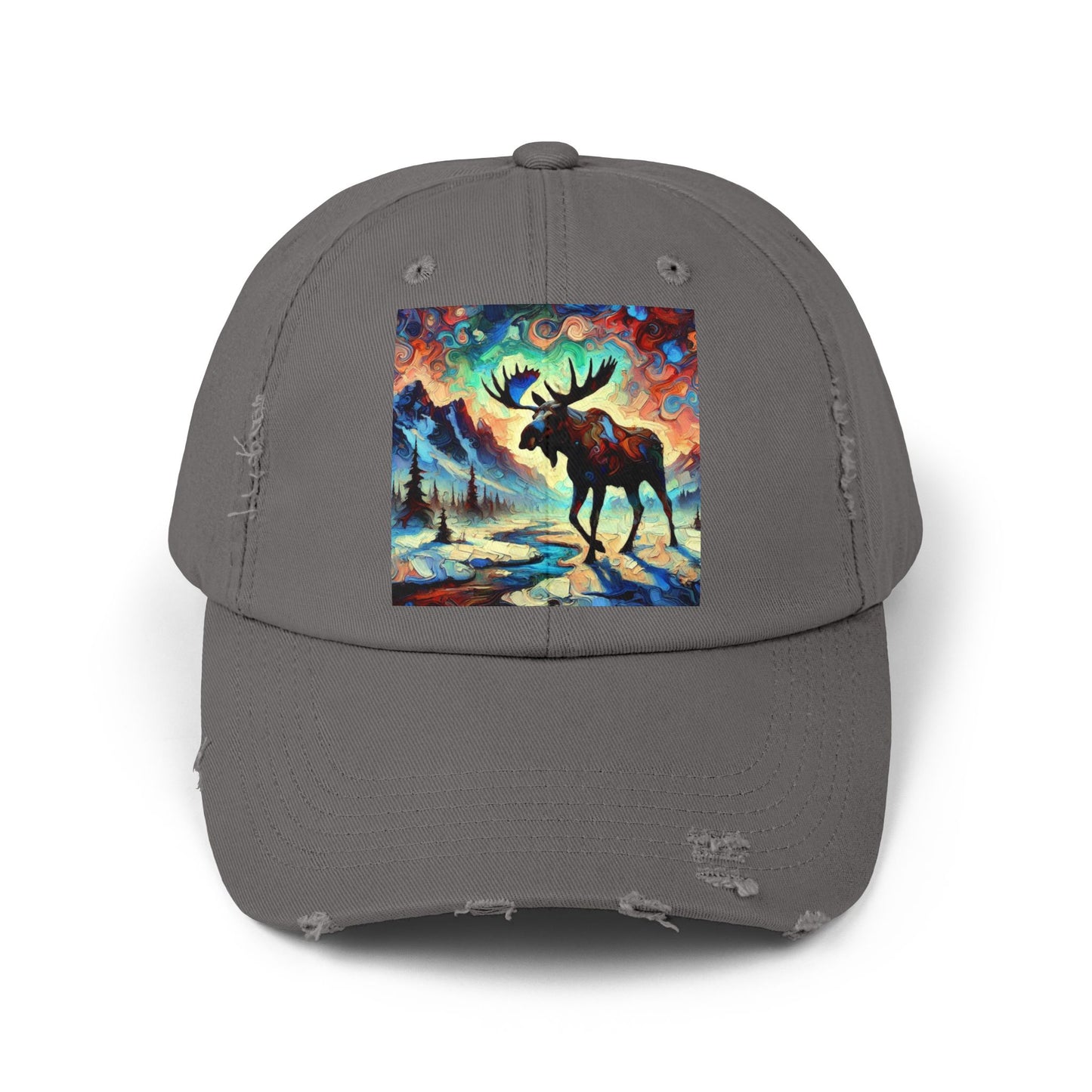 Artistic Moose Cap, Distressed Black Hat, Nature Lover Gift, Outdoor Adventure Wear, Unisex Fashion Accessory, Unique Wildlife Apparel