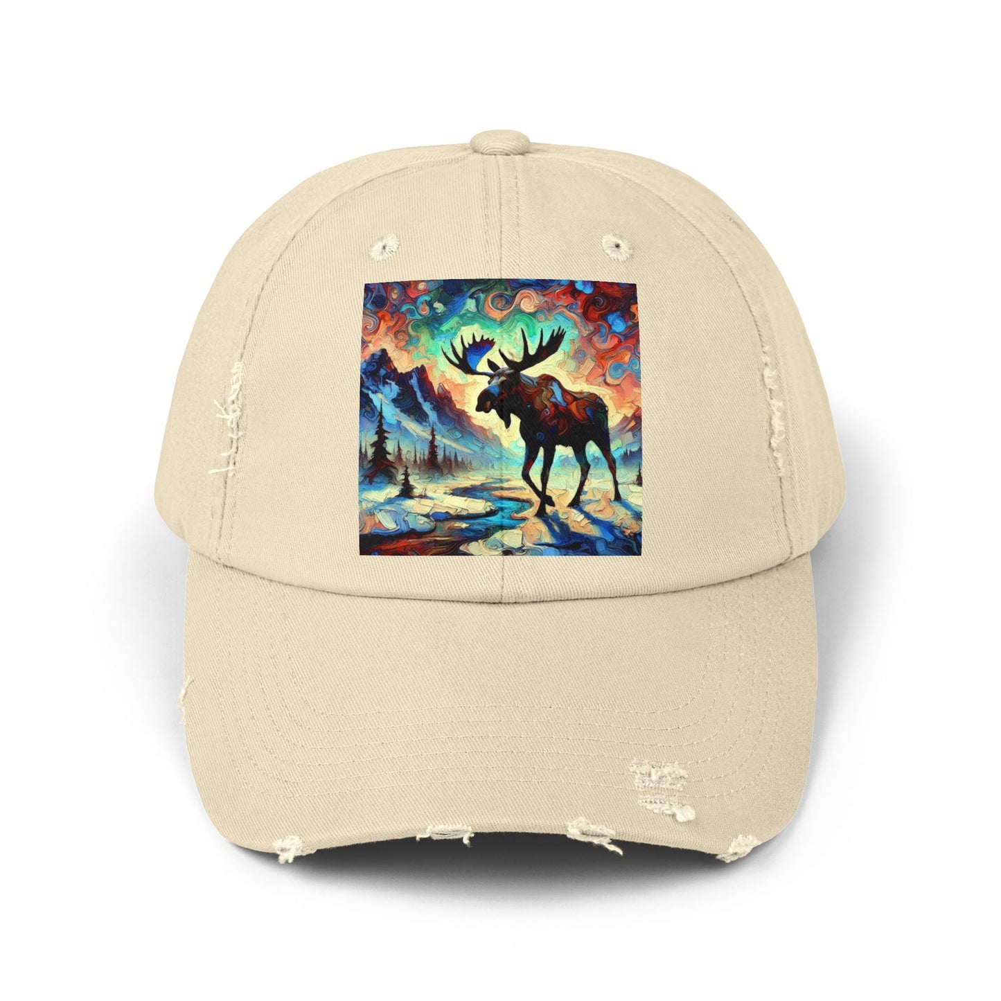 Artistic Moose Cap, Distressed Black Hat, Nature Lover Gift, Outdoor Adventure Wear, Unisex Fashion Accessory, Unique Wildlife Apparel