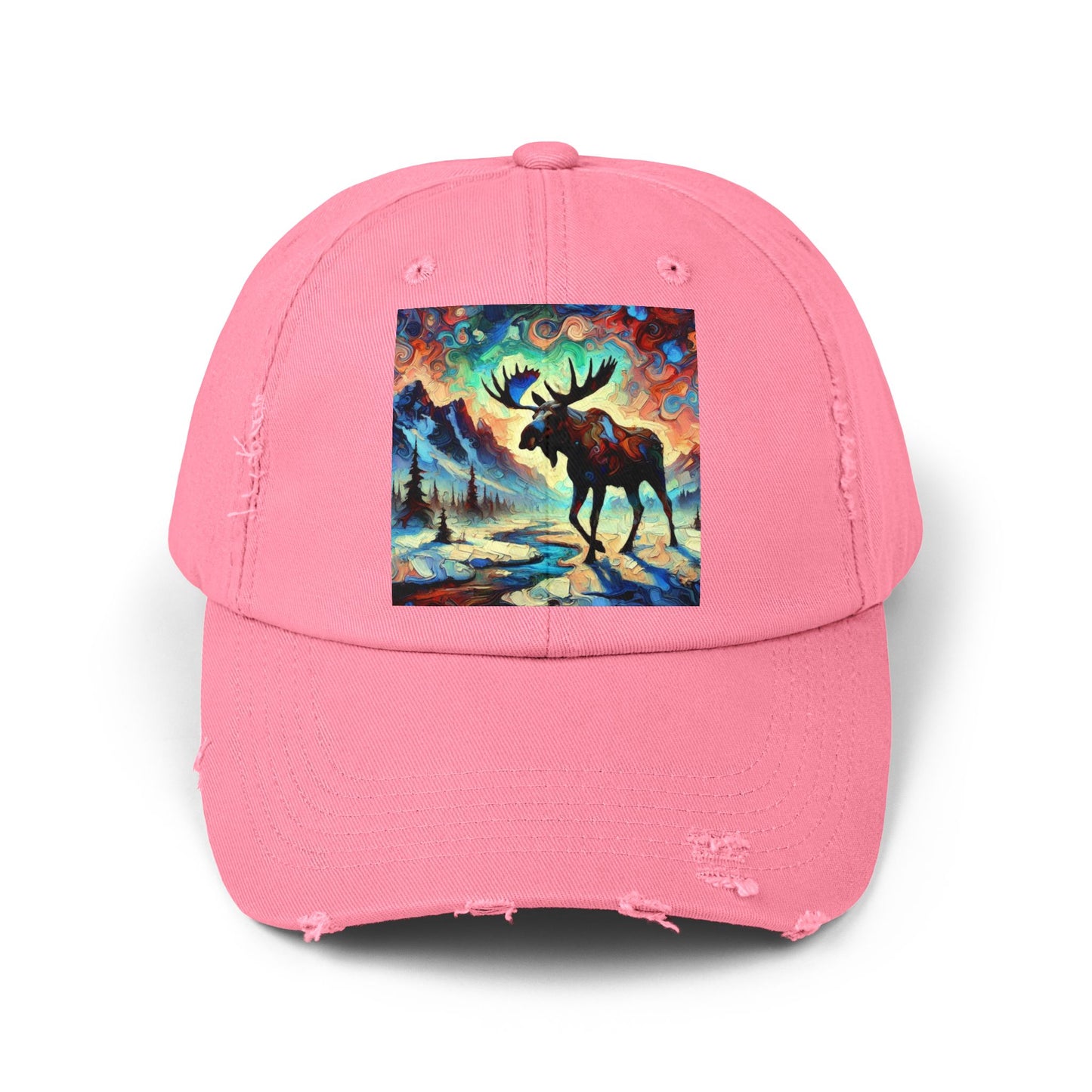 Artistic Moose Cap, Distressed Black Hat, Nature Lover Gift, Outdoor Adventure Wear, Unisex Fashion Accessory, Unique Wildlife Apparel