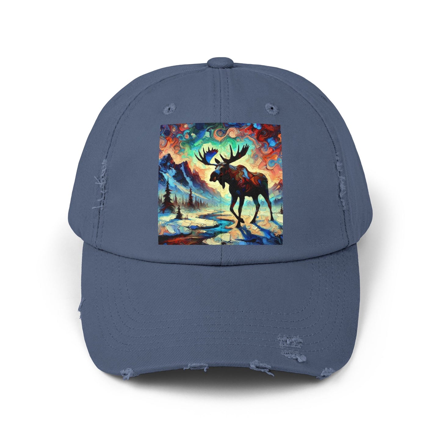 Artistic Moose Cap, Distressed Black Hat, Nature Lover Gift, Outdoor Adventure Wear, Unisex Fashion Accessory, Unique Wildlife Apparel