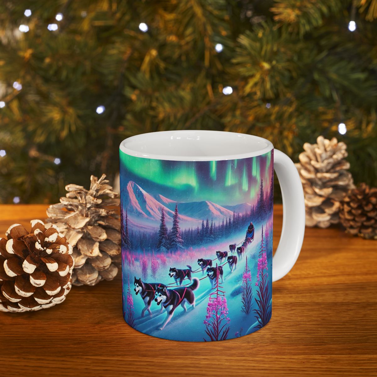 Alaska Dog Team Wilderness Ceramic Mug, Cozy Nature Lover Gift, Horse and Floral Design, Perfect for Tea Lovers, Camping Mugs, Eco-Friendly Coffee