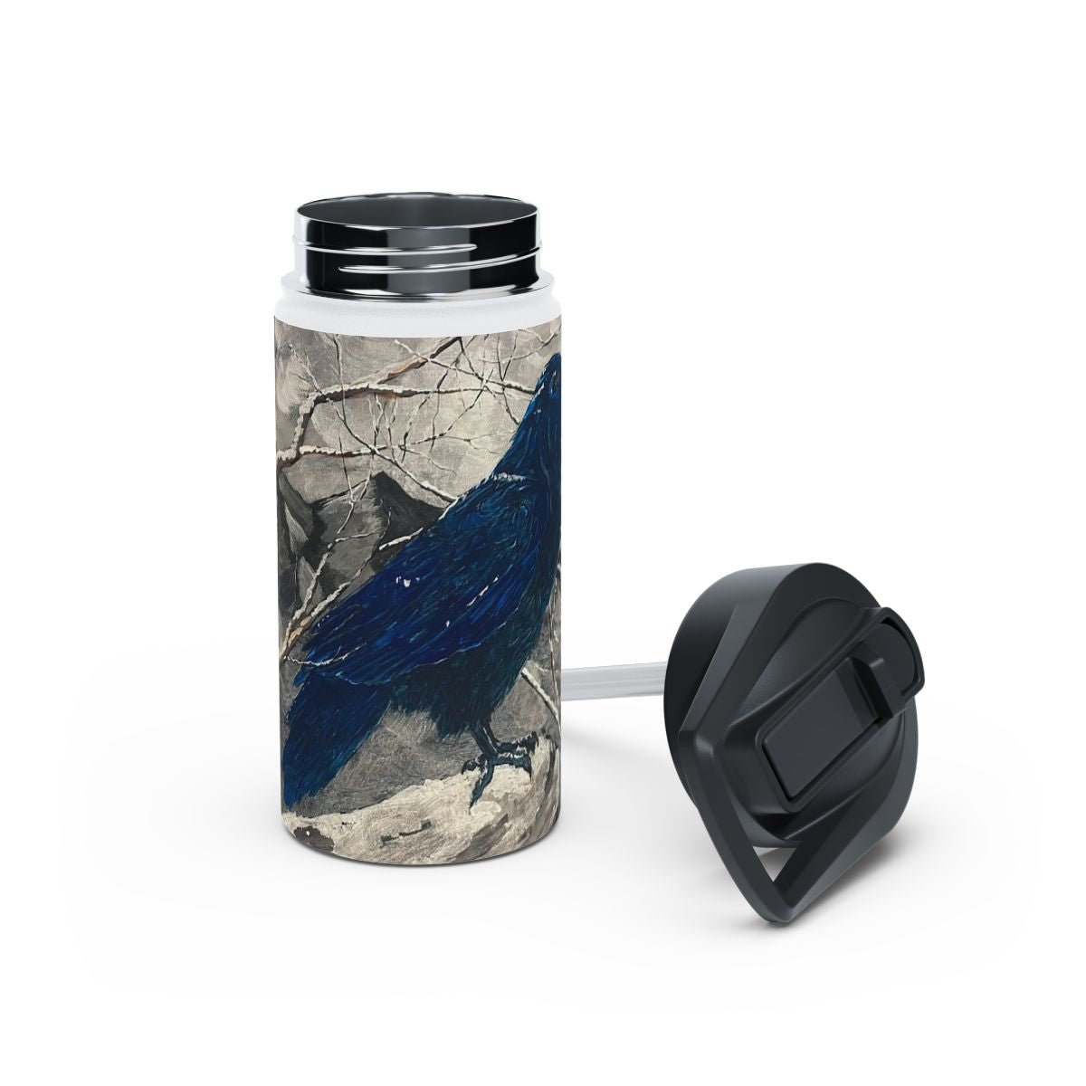 Artistic Stainless Steel Water Bottle, Raven Design, Eco-Friendly, Nature Lover Gift, Hiking Accessory, Outdoor Adventure