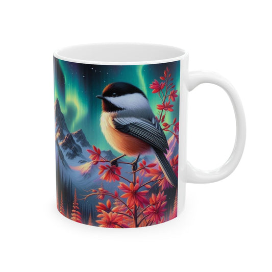 Black Capped Chickadee Aurora Mountains Ceramic Mug, Cozy Coffee Cup, Nature Lover Gift, Camping Mug, Decor, Perfect for Holidays