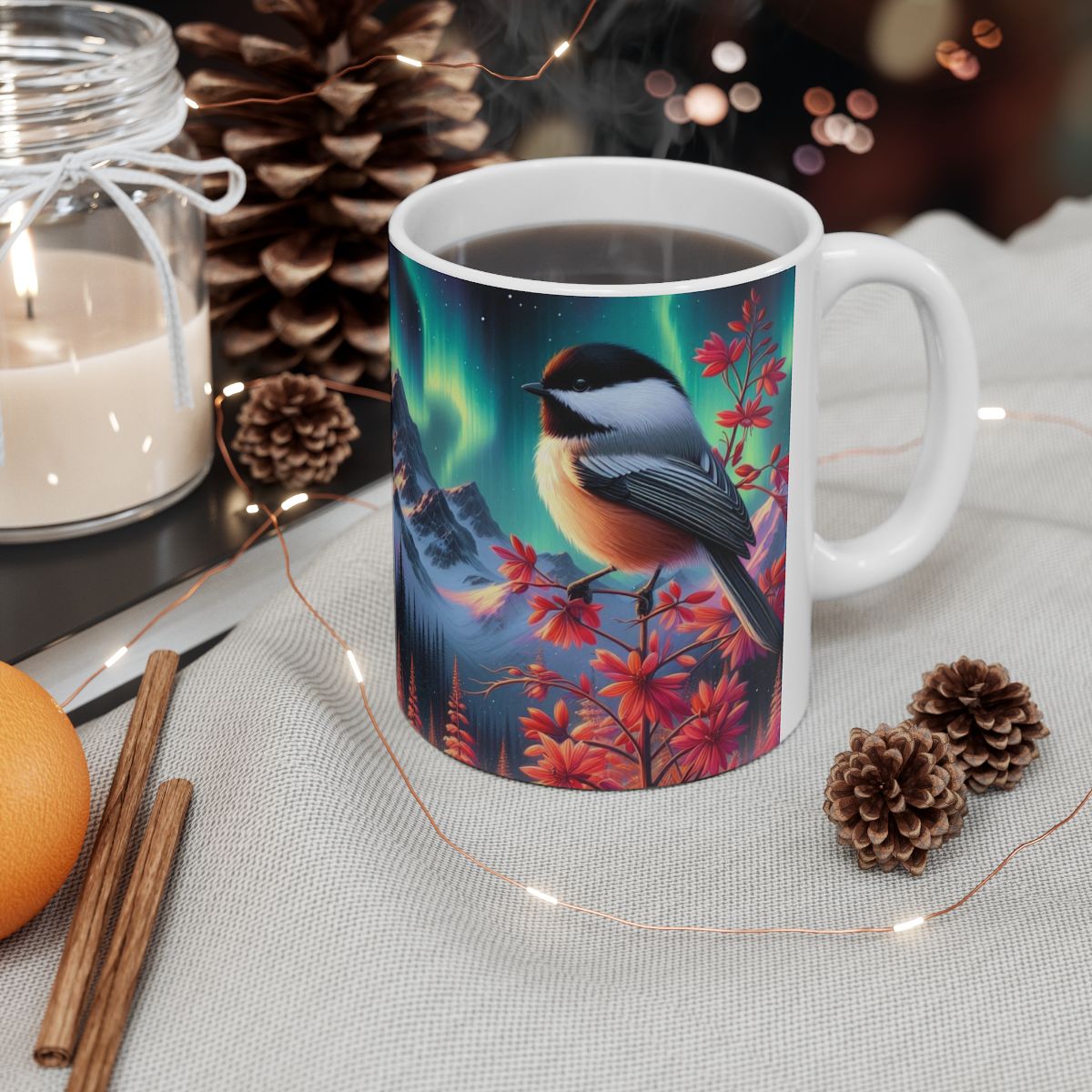 Black Capped Chickadee Aurora Mountains Ceramic Mug, Cozy Coffee Cup, Nature Lover Gift, Camping Mug, Decor, Perfect for Holidays